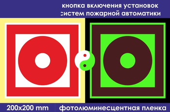 F10 кнопка включения установок (систем) пожарной автоматики (фотолюминесцентная пленка, 200х200 мм) - Знаки безопасности - Фотолюминесцентные знаки - vektorb.ru